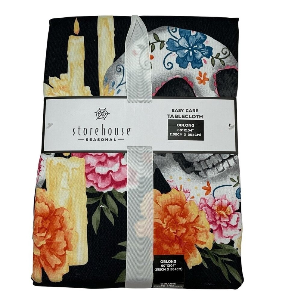 Storehouse Halloween Tablecloth Day of Dead Sugar Skulls Flowers 60" x 104"